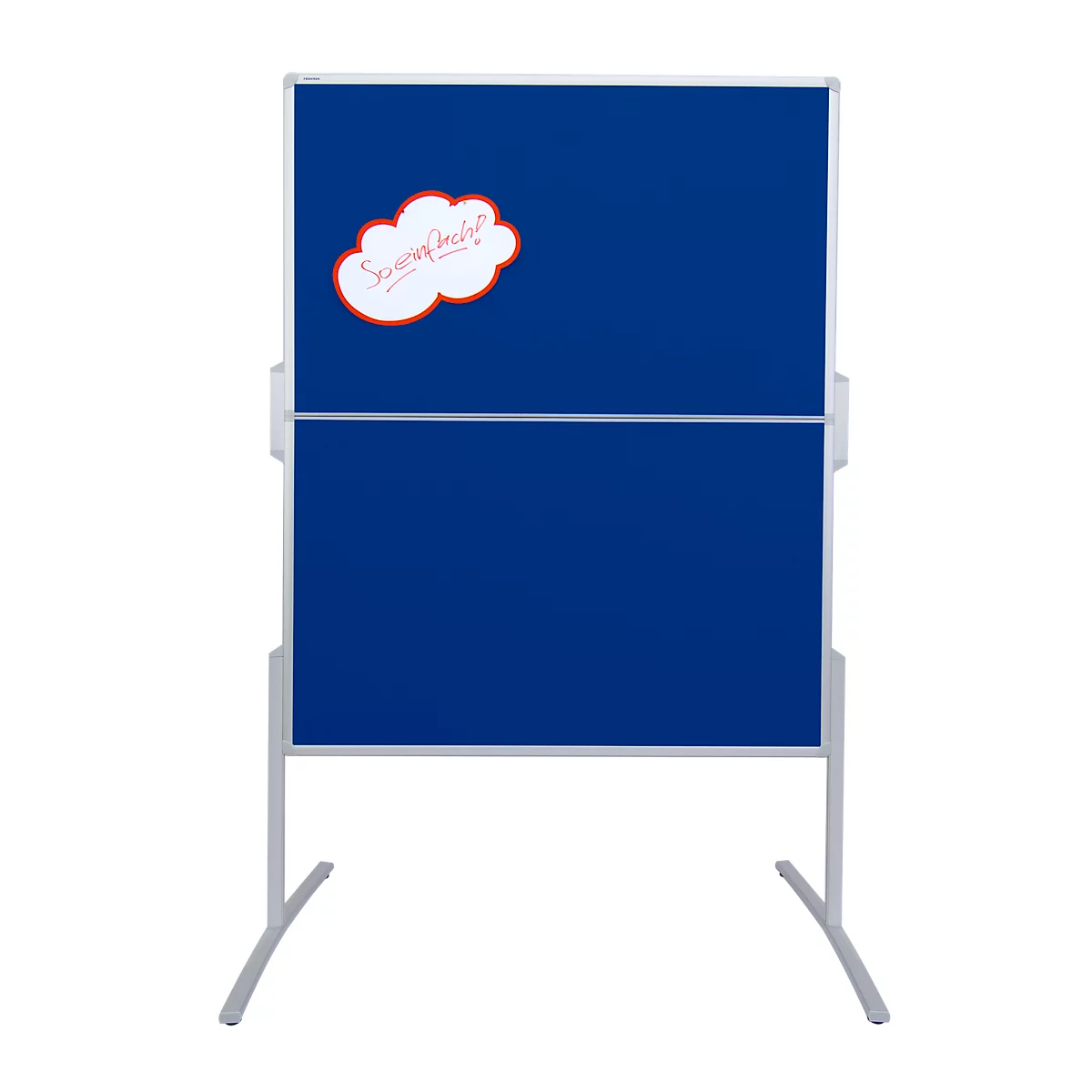 Blue, freestanding whiteboard with white frame. There's a speech bubble with writing in the upper left.
