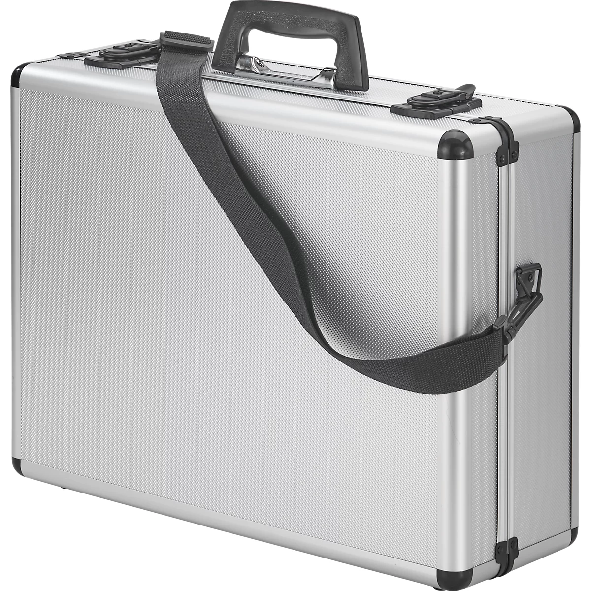 Silver suitcase with black handle and shoulder strap. Corner protectors.