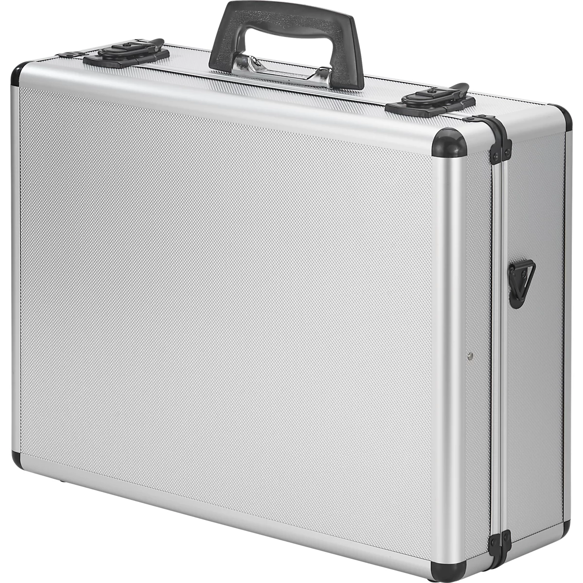 Silver colored tool case with black handle and clasps.