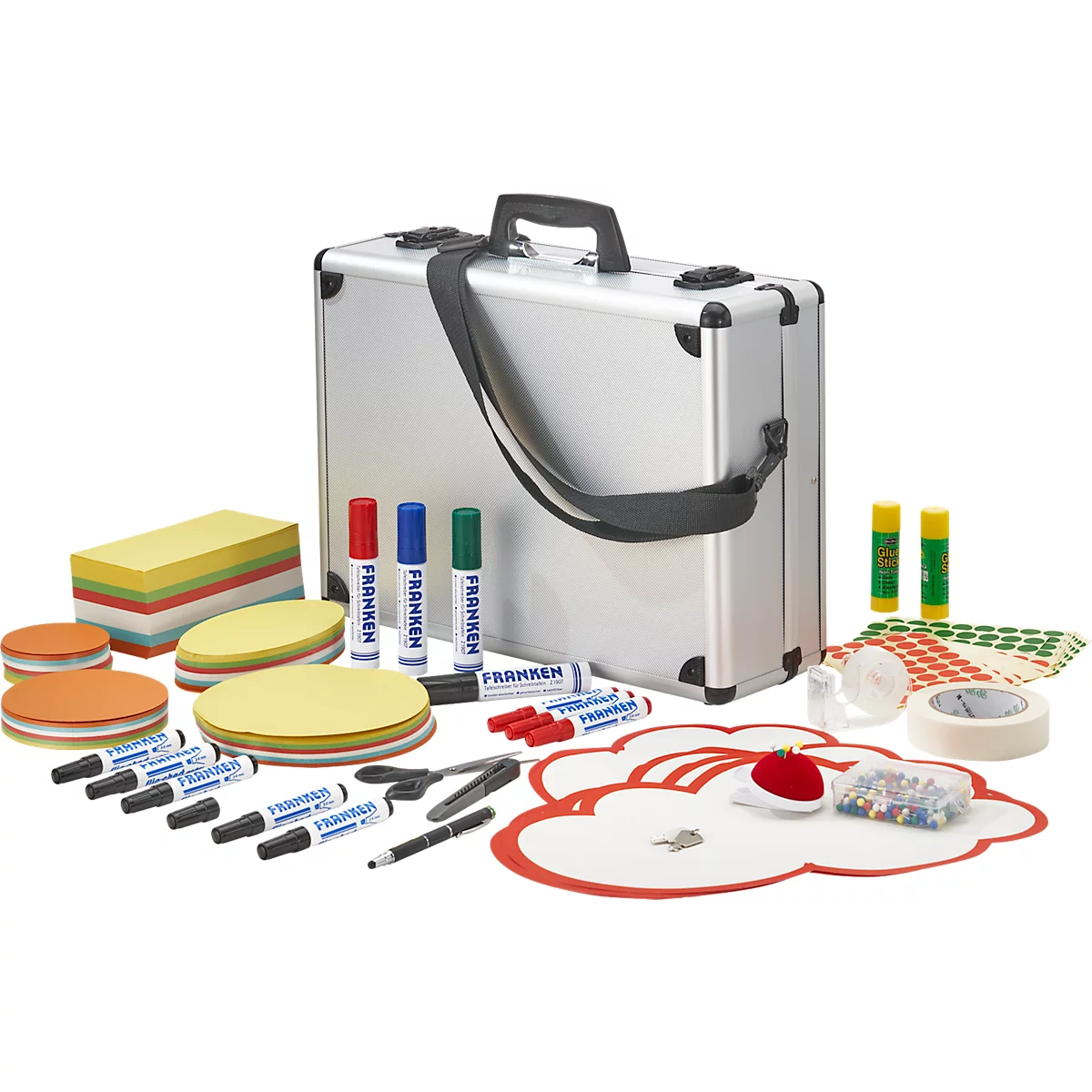 Briefcase with conference accessories, markers, sticky notes, whiteboards, pens and glue.