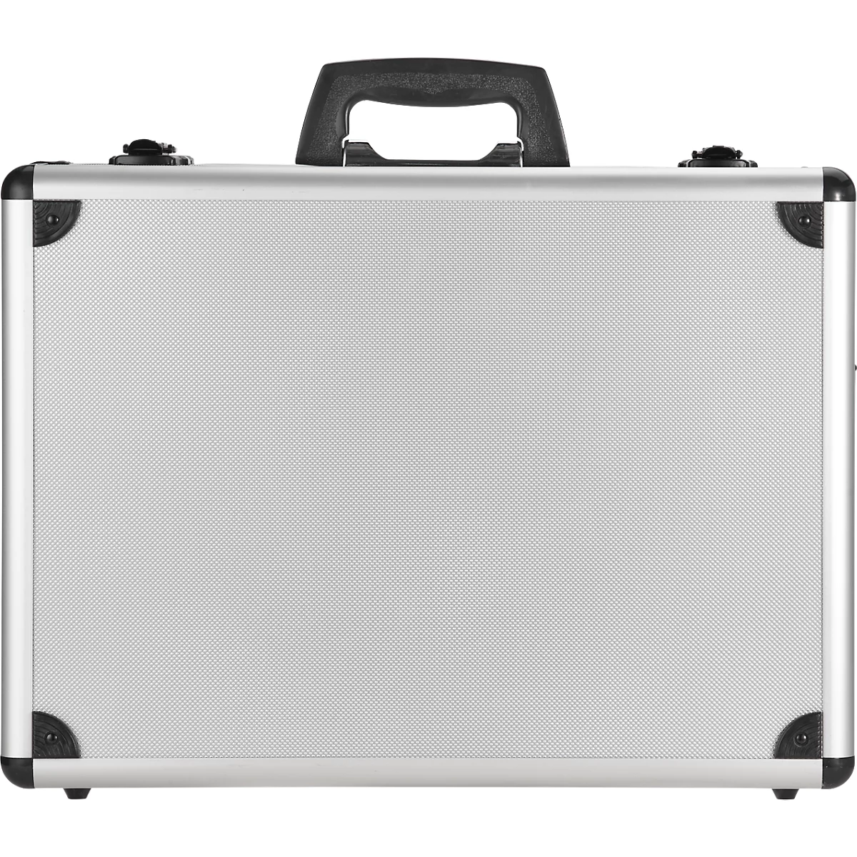 Silver briefcase with black handle, black corners and clasps.