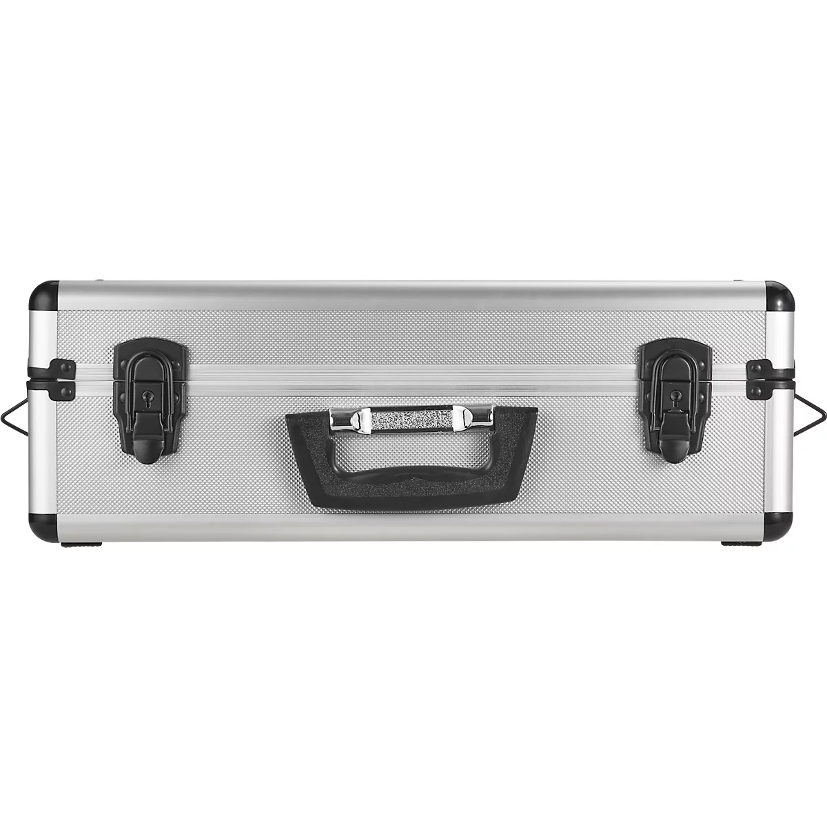 Silver case, central black handle, two clasps, metallic.