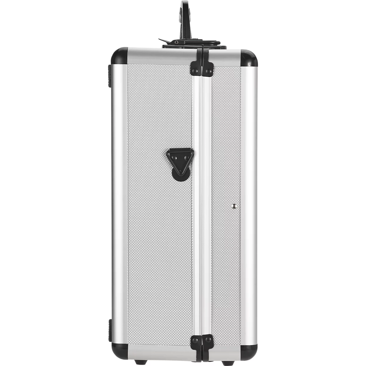 Silver aluminum suitcase in portrait format, black handle and closures.