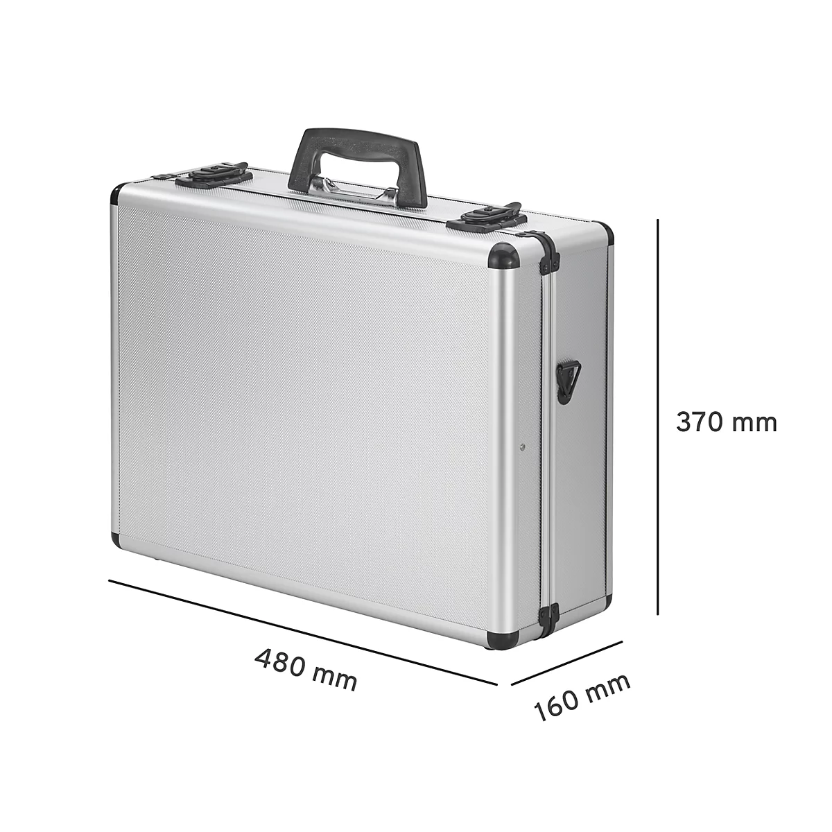 Silver aluminum case with carrying handle and dimensions: 480 x 370 x 160 mm. Black corners.