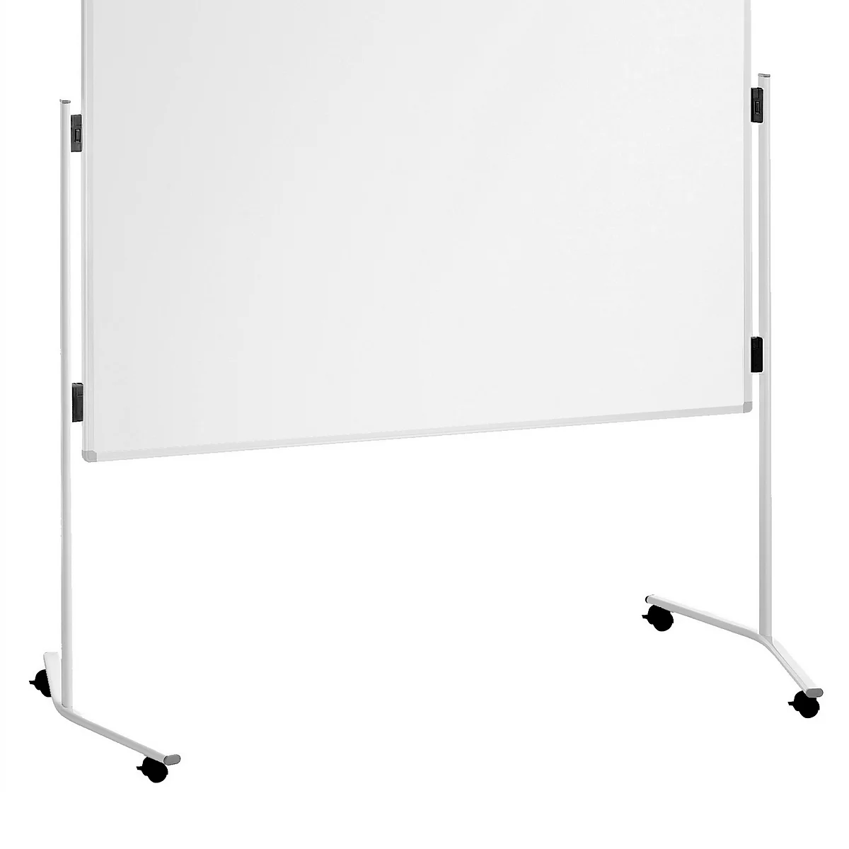 Weißes, rollbares Whiteboard auf weißem Gestell; schwarze Rollen und Halterungen.