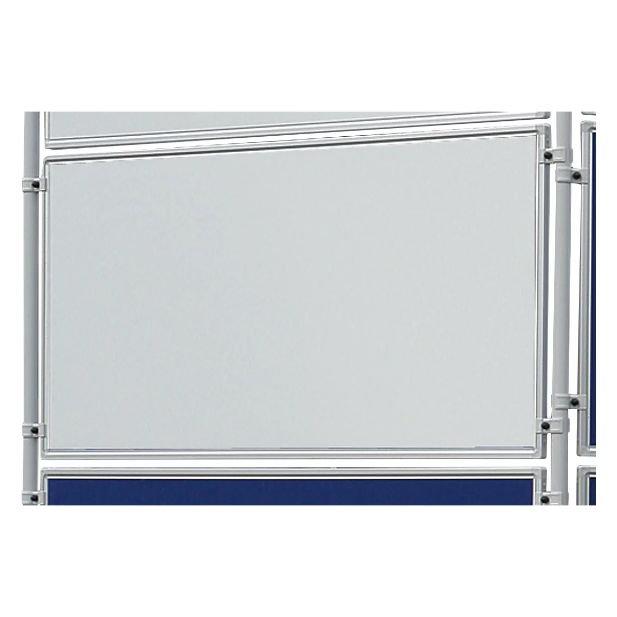 Close-up of white boards connected by metal frames. The background is a mix of white and blue.