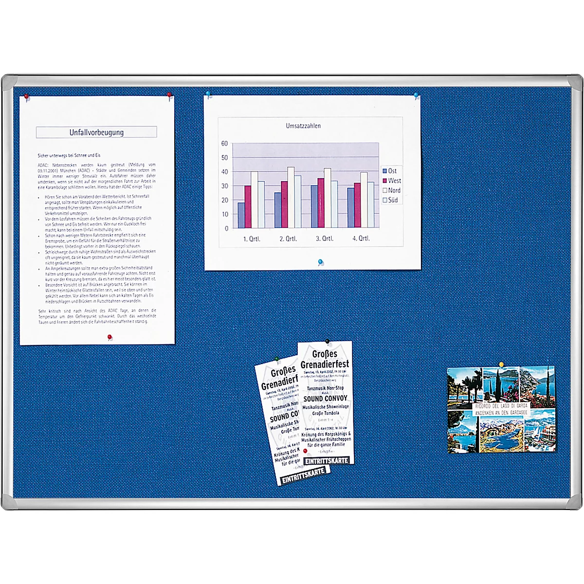 Blue notice board with notes, diagram, postcards, and posters. Text: 'Accident prevention'.