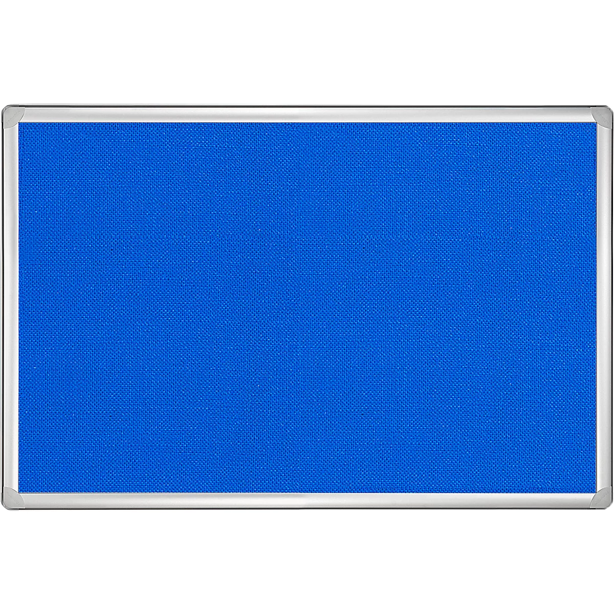 Blue noticeboard with silver frame. The surface is covered with blue fabric.