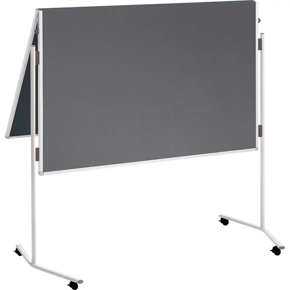 Grijs vrijstaand prikbord met wit frame en basis. Op wielen.