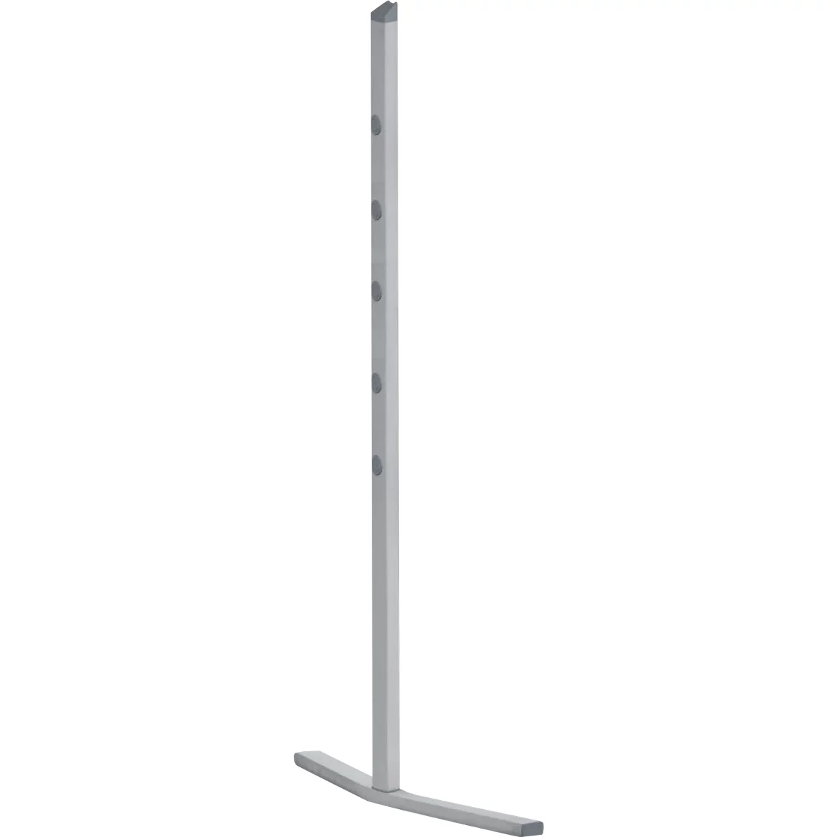Grey, column-shaped stand with a rectangular base. There are round recesses on the stem.