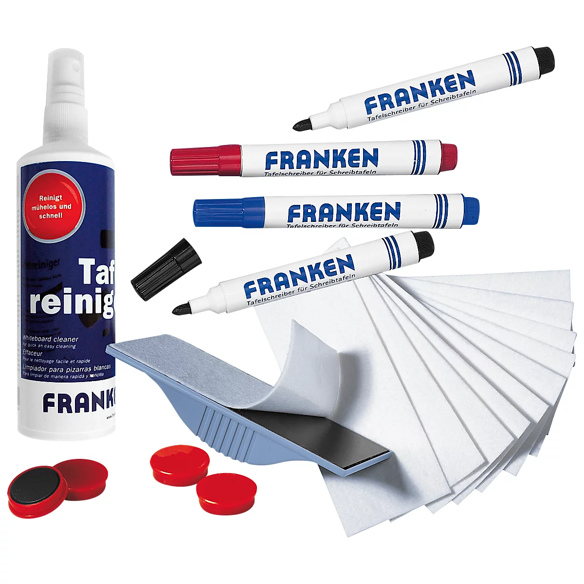 Board cleaner, pens, sponges, magnets. Everything for the board. The pens say Franken.