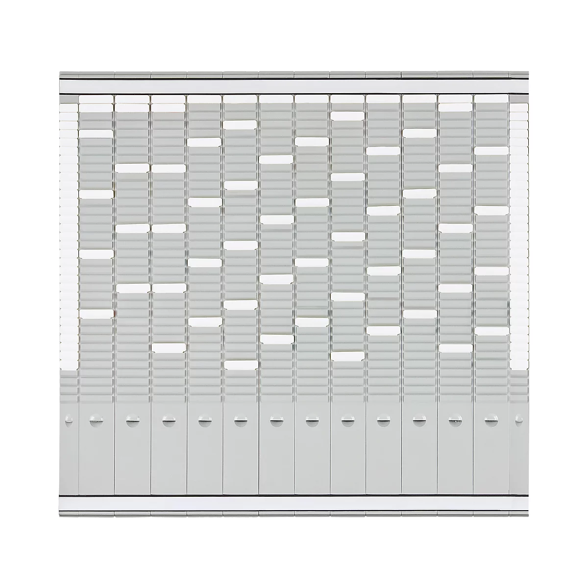 Gray cabinet wall with white rectangular elements in an irregular arrangement, and doors at the bottom.