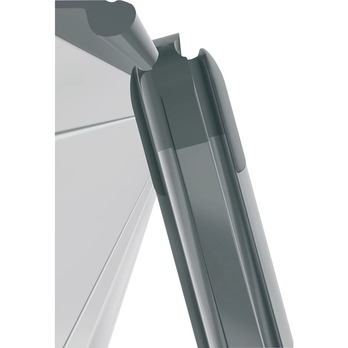 Close-up of a corner of a gray profile, which meets at a right angle.