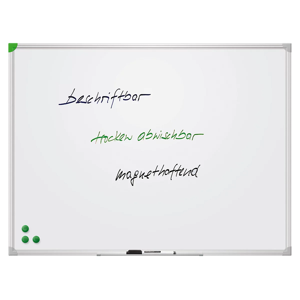 Weißes Whiteboard mit silbernem Rahmen. Beschriftung in Schwarz und Grün: Beschriftbar, trocken abwischbar, magnethaftend. Grüne Magnete.
