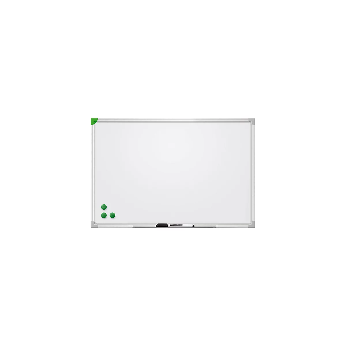 Ein leeres Whiteboard mit silbernem Rahmen und drei grünen Magneten in der Ecke.