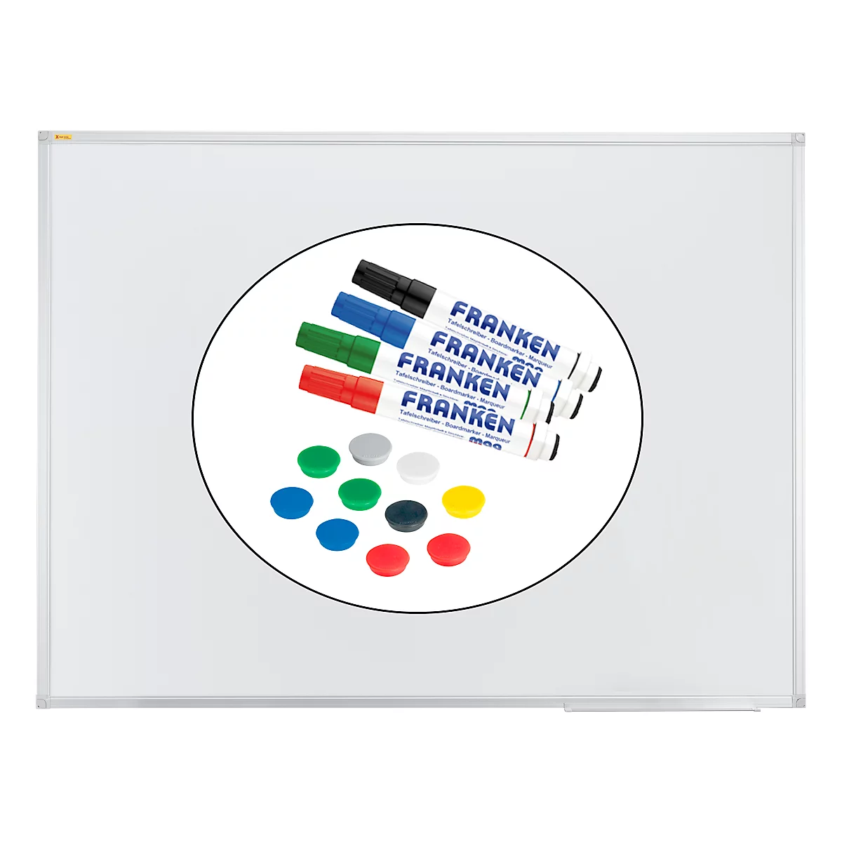 Franken Whiteboard X-tra!Line, Stahl, magnethaftend, beschreibbar, B 1200 x H 900 mm, weiß lackiert, inkl. 4 Whiteboard-Marker + 10 farblich sortierte Magnete