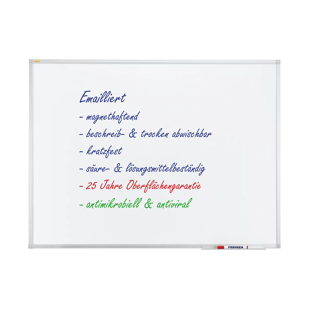 White, enameled whiteboard with blue, red and green writing. Features include: magnetic, wipeable, scratch-resistant, acid-resistant, 25-year warranty and antimicrobial.