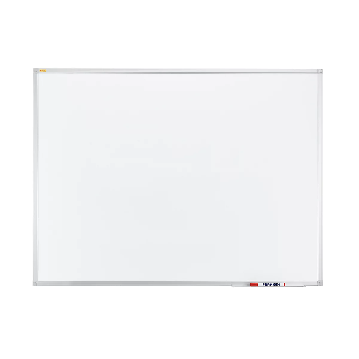 White rectangular whiteboard with a silver frame. A red and blue pen are at the bottom. Nothing is written on the board itself.