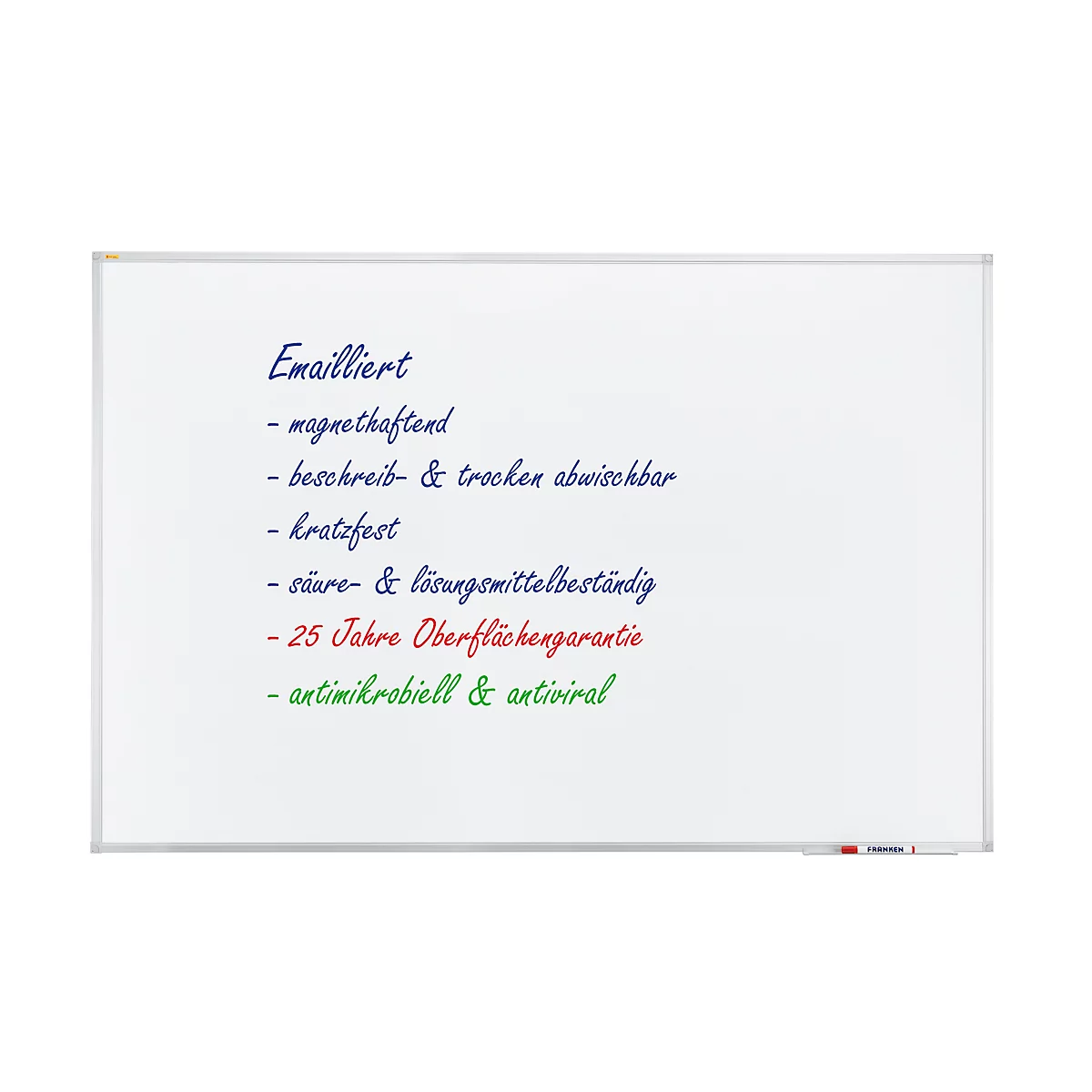 White rectangular whiteboard with a silver frame. Text in blue, red and green: Emailliert, magnetic, writable, dry wipe, scratch resistant, acid & solvent resistant, 25 years surface guarantee, antimicrobial & antiviral.