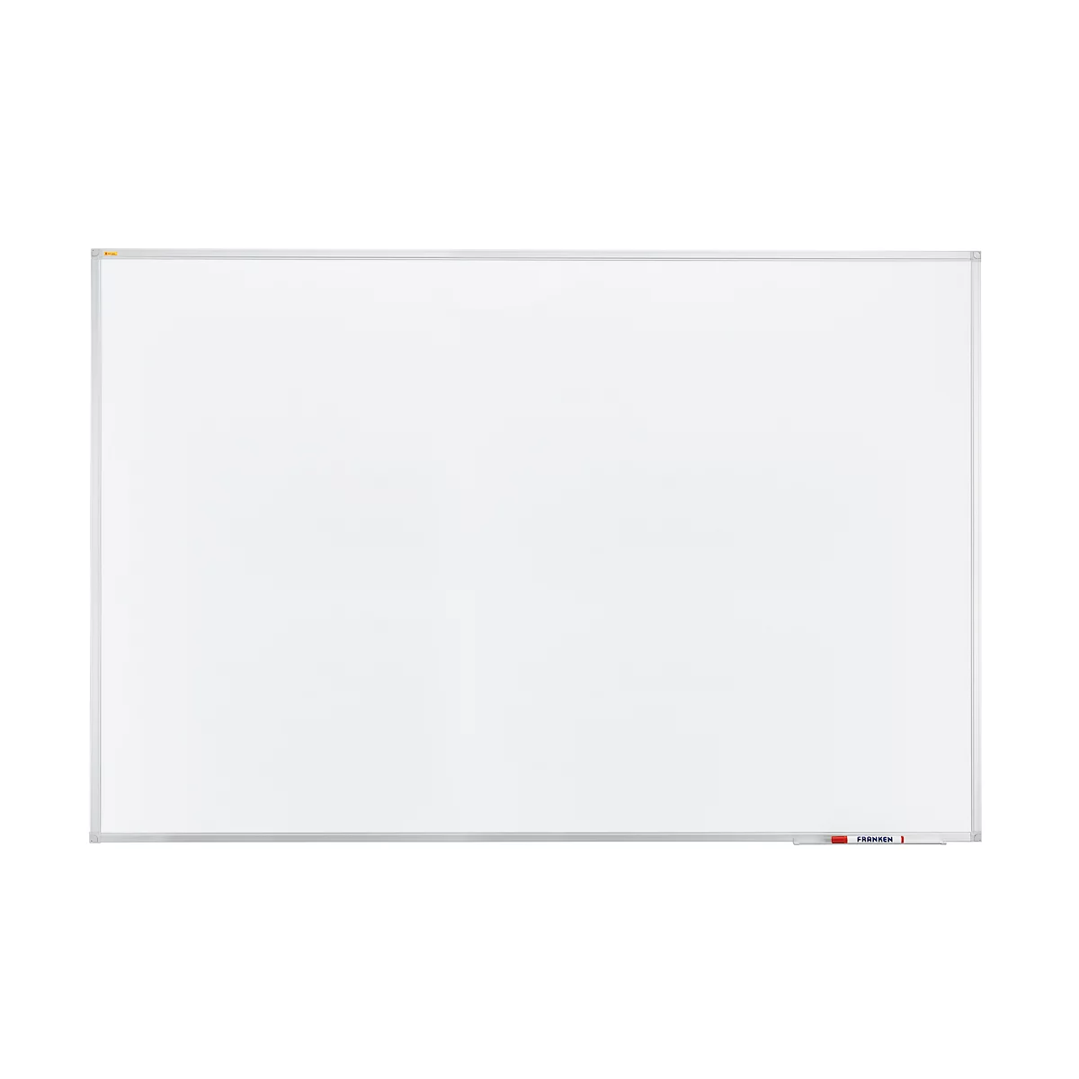 White whiteboard with a silver frame. Pens in holders are on the bottom right.