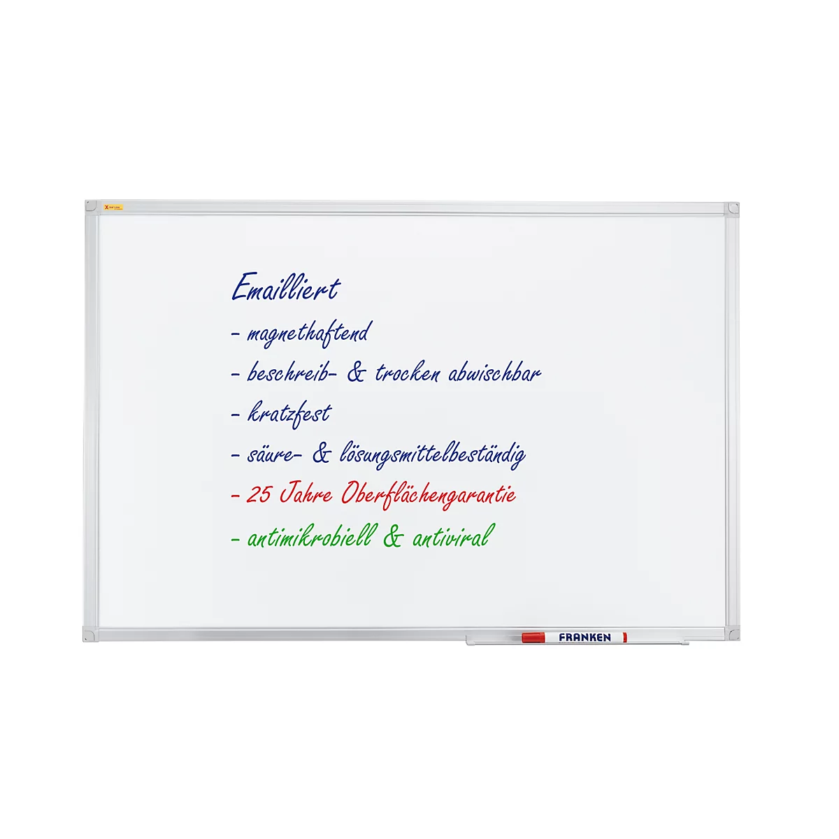 Whiteboard with a gray frame. Text in various colors: “Emailliert”, “magnethaftend”, “beschreib- & trocken abwischbar”, “kratzfest”, “säure- & lösungsmittelbeständig”, “25 Jahre Oberflächengarantie“ and “antimikrobiell & antiviral”. A red pen lies...