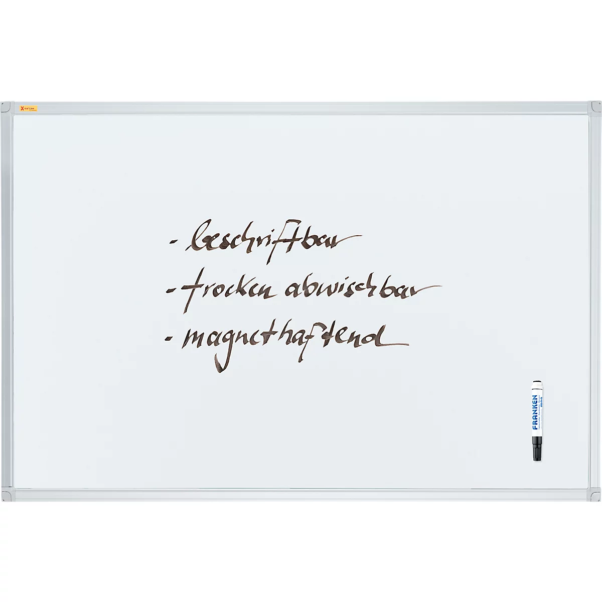 White whiteboard with handwritten bullet points: writable, dry wipeable, magnetic. A pen is next to it.