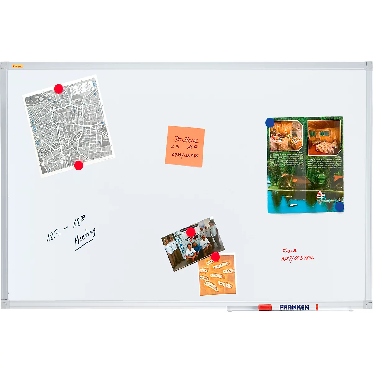 White whiteboard with notes and images, attached with magnets. "FRANKEN" is written below.
