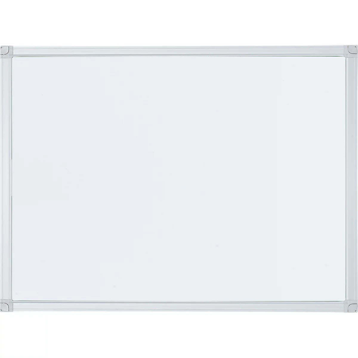 An empty whiteboard with a silver frame. The surface is white and reflects light.