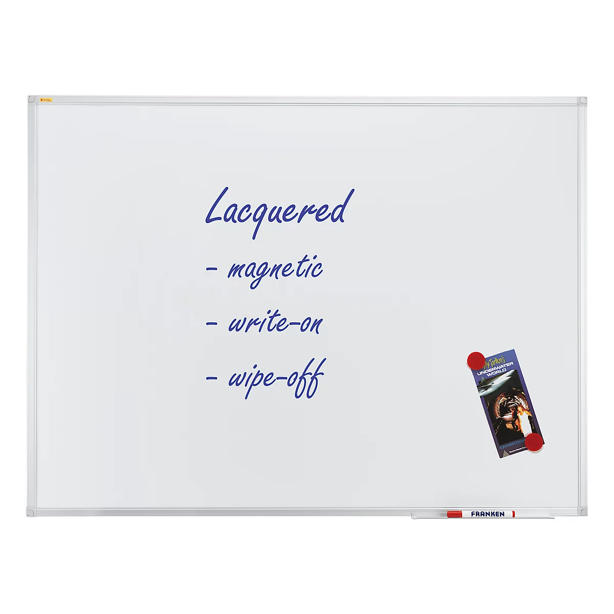 Whiteboard with text: Lacquered, magnetic, write-on, wipe-off. Magnet with brochure on the right.