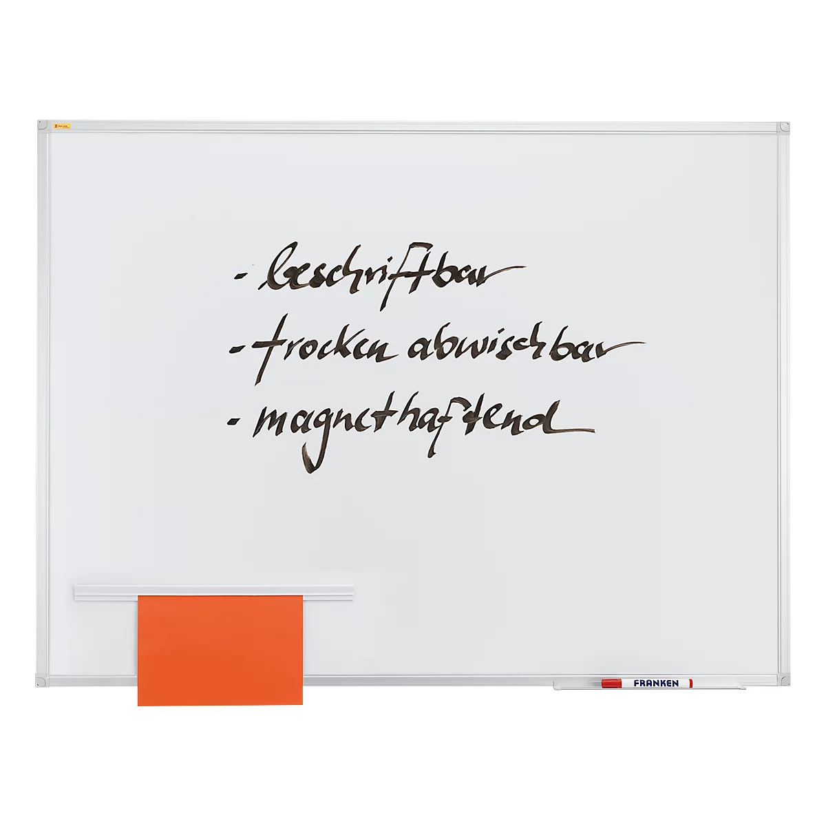 White magnetic whiteboard with handwritten features: writable, dry wipeable, magnetic. At the bottom, a red block and a pen.
