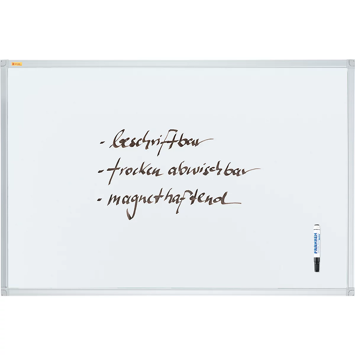 White whiteboard with silver frame, three handwritten properties, a pen on the right.