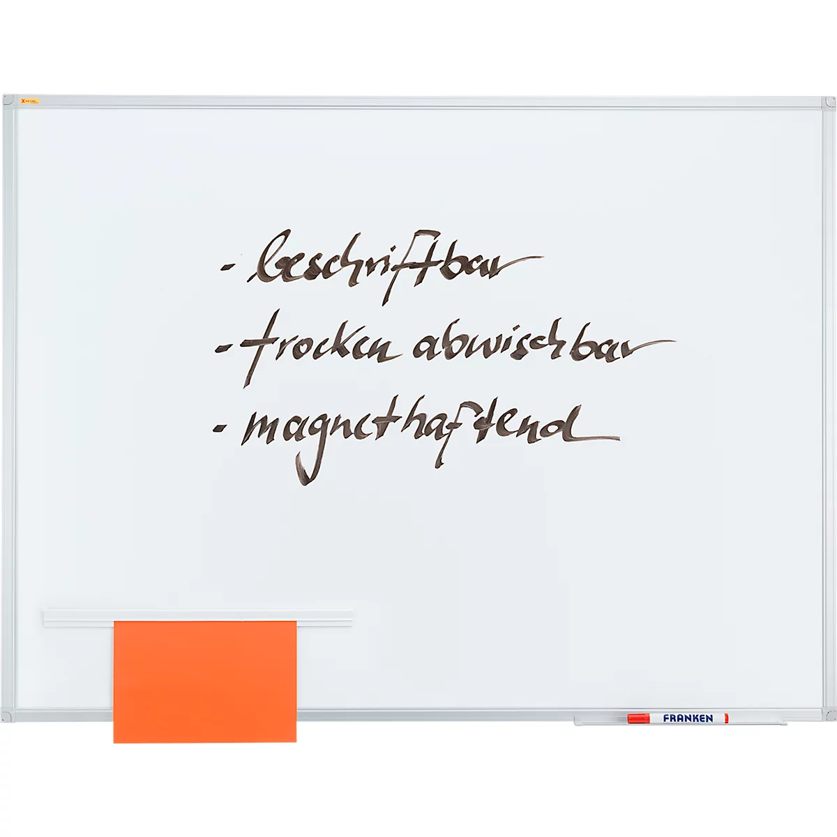 Whiteboard with handwritten features: writable, dry wipe, magnetic. Orange note and red pen.