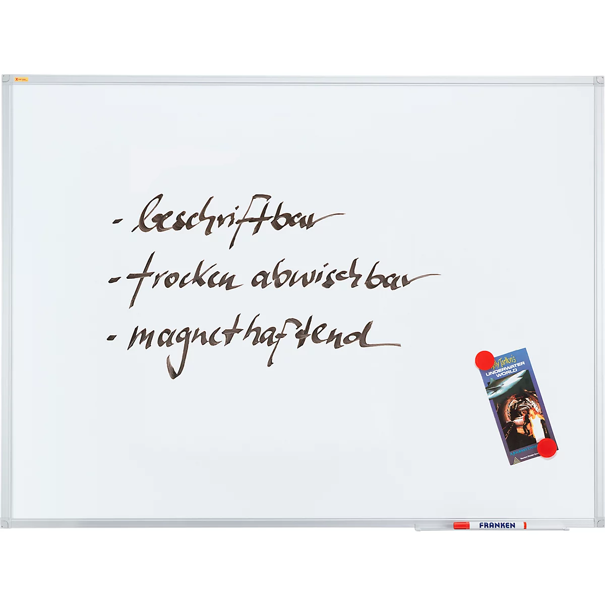 Whiteboard with text: writable, dry-erasable, magnetic. A book is attached with red magnets.