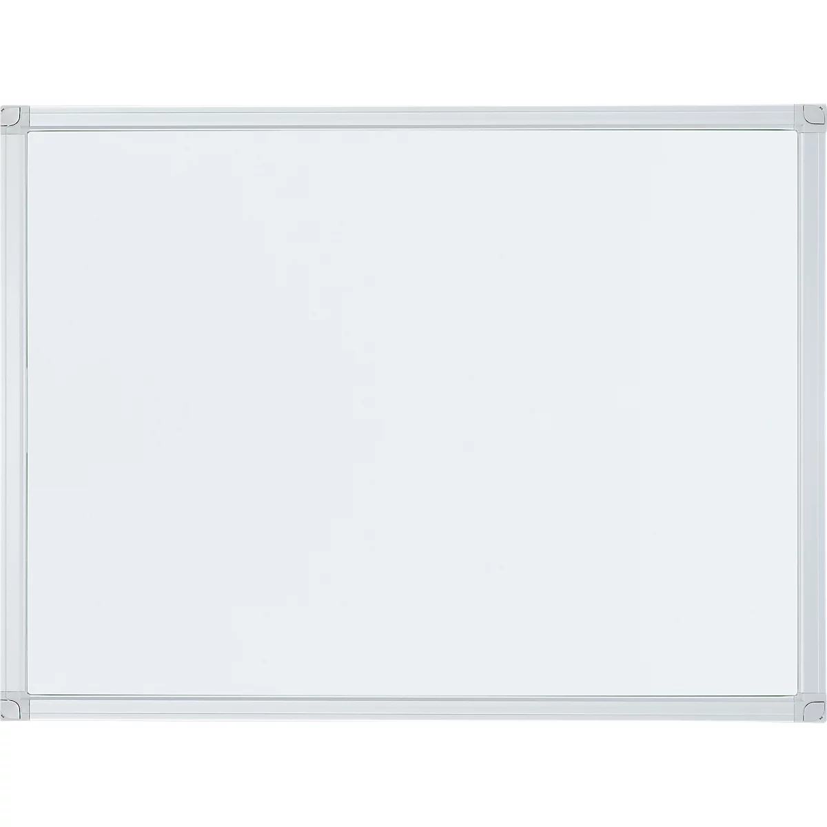A rectangular whiteboard with a silver frame. The surface is white and empty.