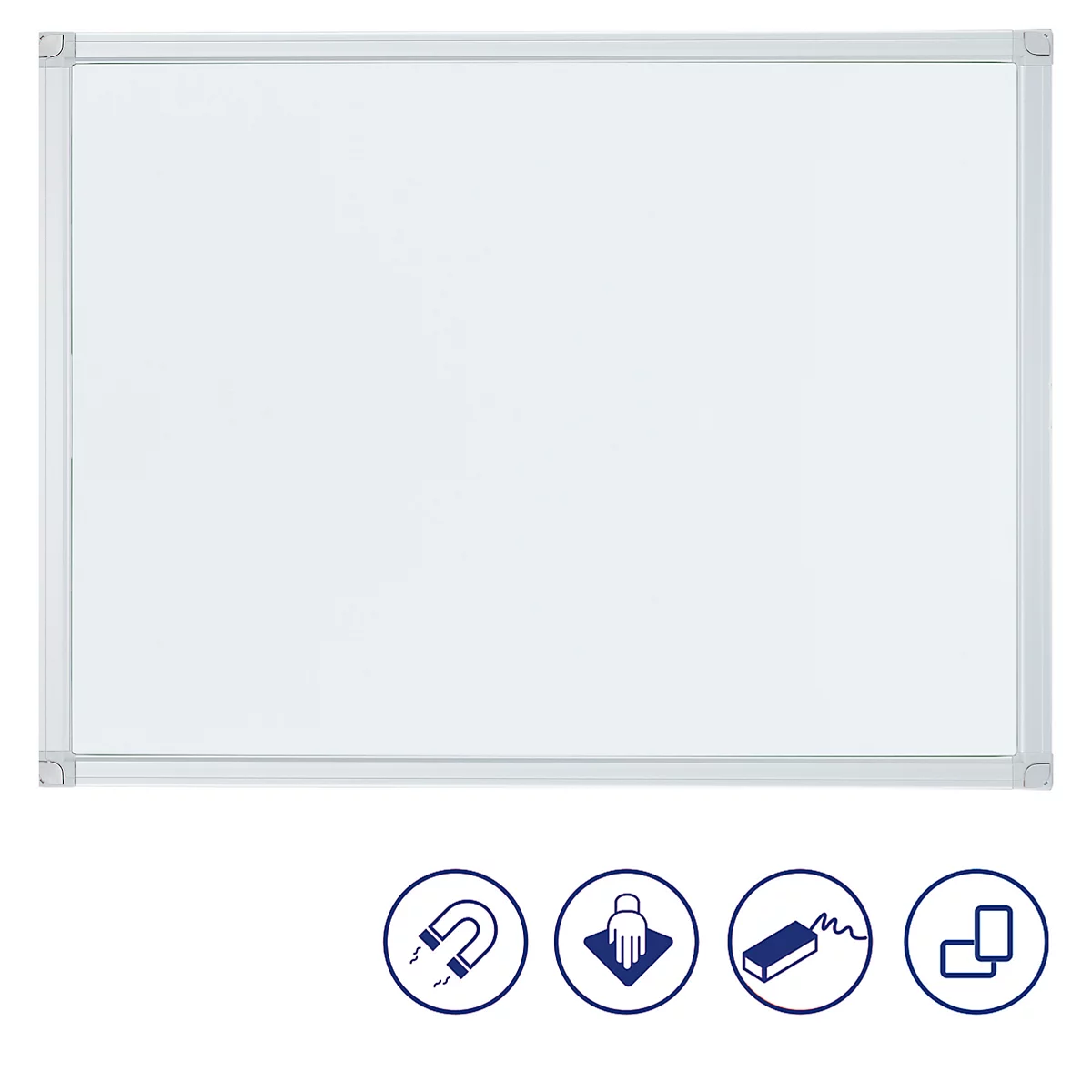 Whiteboard with silver frame. Four icons below: magnet, wipeable, sponge, pen holder.
