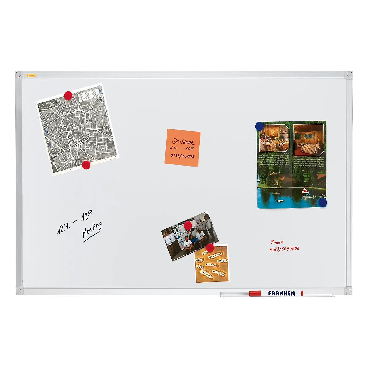 White whiteboard with maps, notes and photos attached with magnets. Handwritten notes are on the board.