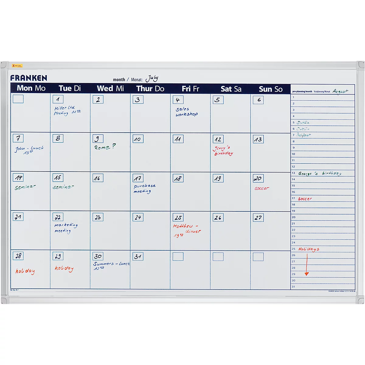 Frankenkalender X-tra!Line VO-7, maand- of 7-dagenoverzicht, magnetisch, opbergbakje, B 900 x H 600 mm, staal &amp; aluminium, wit