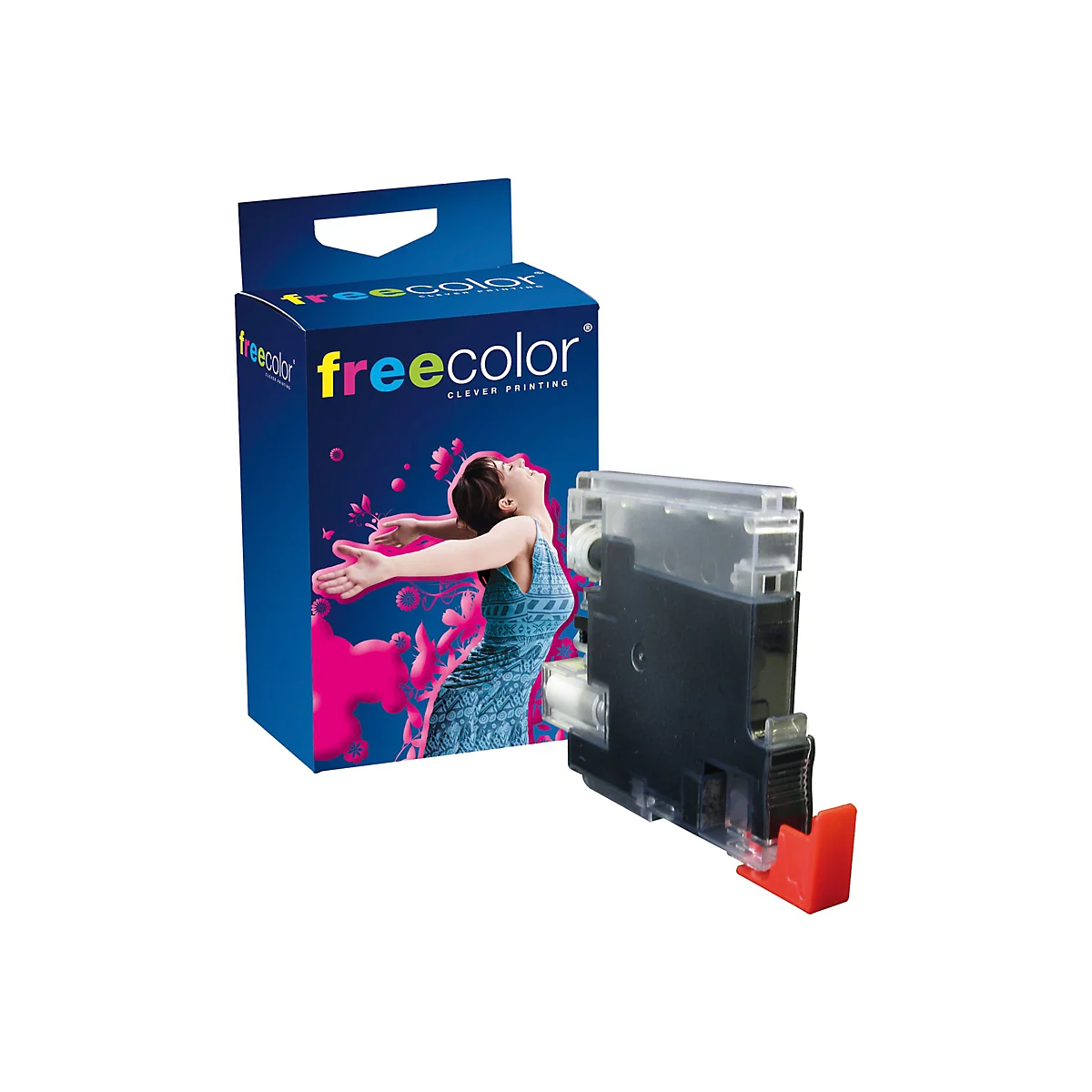 Tintenpatrone und Verpackung mit Frau, farbigen Tropfen und Schriftzug freecolor.