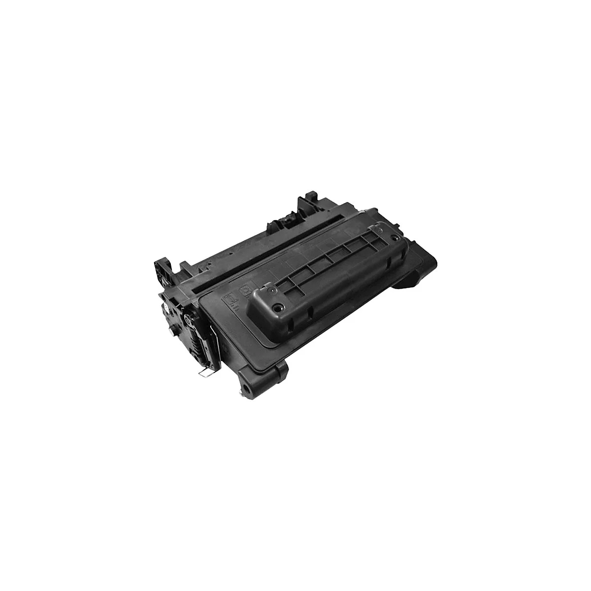 Schwarze Tonerkartusche fÃ¼r einen Drucker, mit mehreren Details und komplexen Formen.
