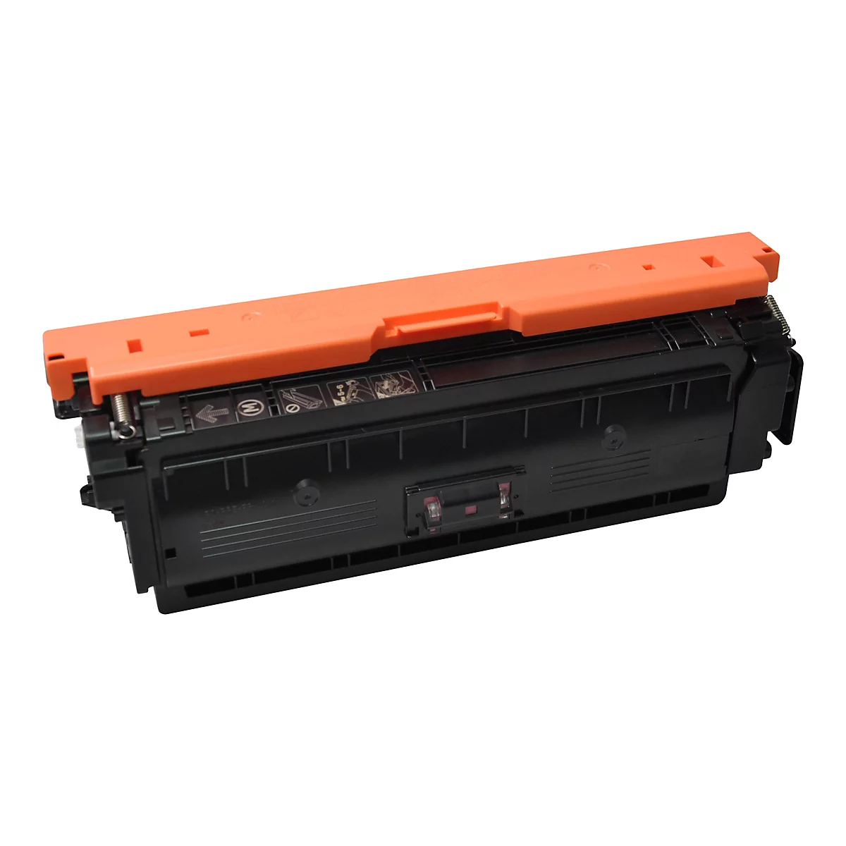 Schwarze Tintenpatrone mit orangefarbener Oberseite, auf weißem Hintergrund.