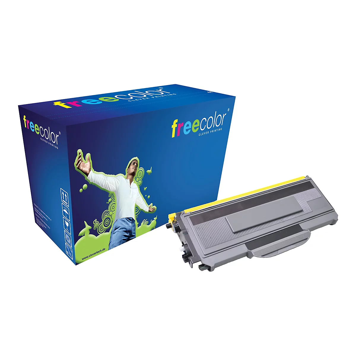 Toner-Kartusche und Verpackung von Freecolor vor weiÃŸem Hintergrund.