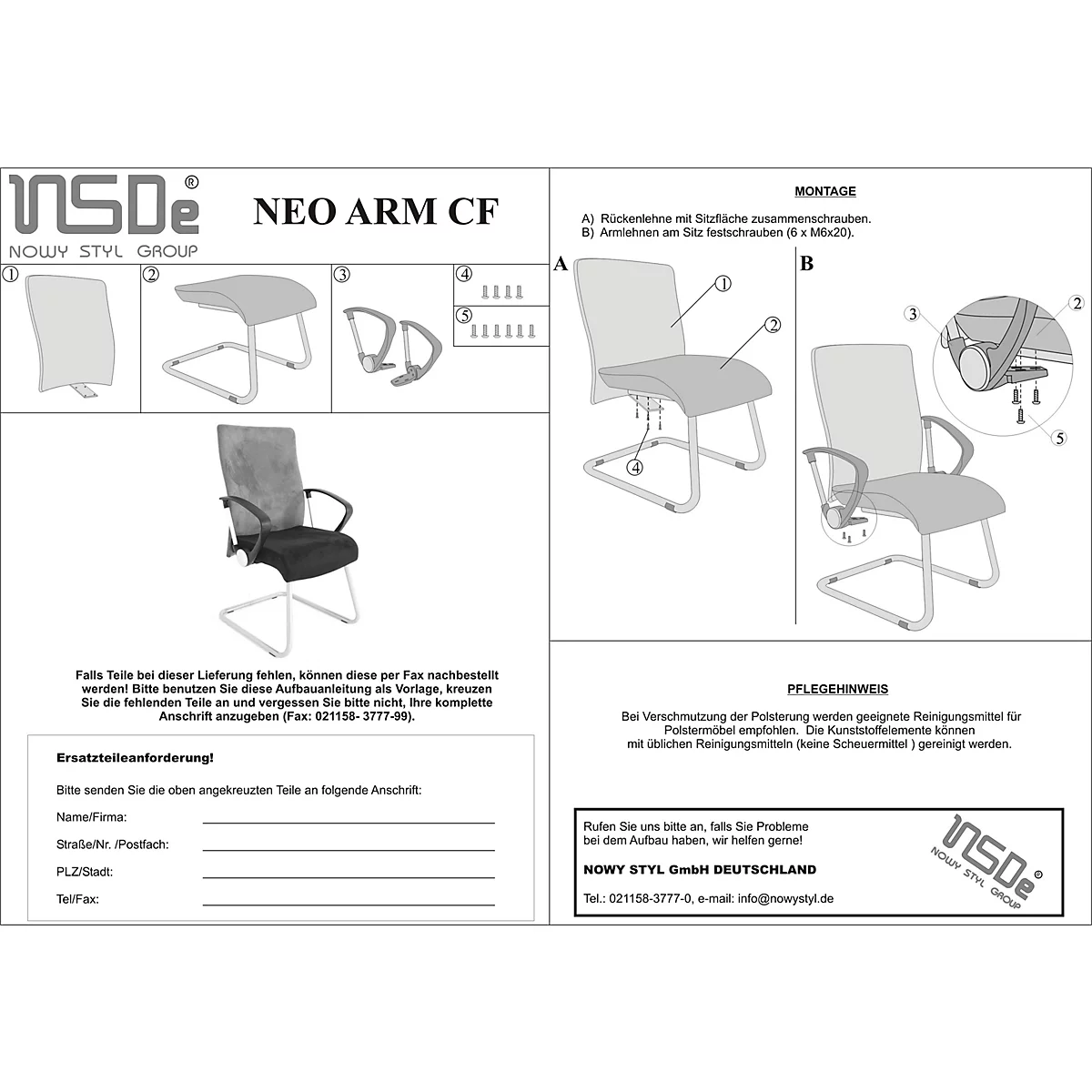 Montageanleitung für den Freischwinger-Stuhl NEO ARM CF mit schematischen Zeichnungen und Ersatzteilformular.