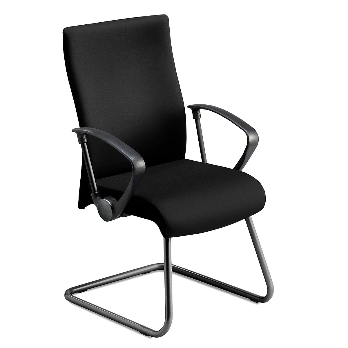 Schwarzer Freischwinger-Bürostuhl, Armlehnen, Metallgestell. Moderner, ergonomischer Sitz.