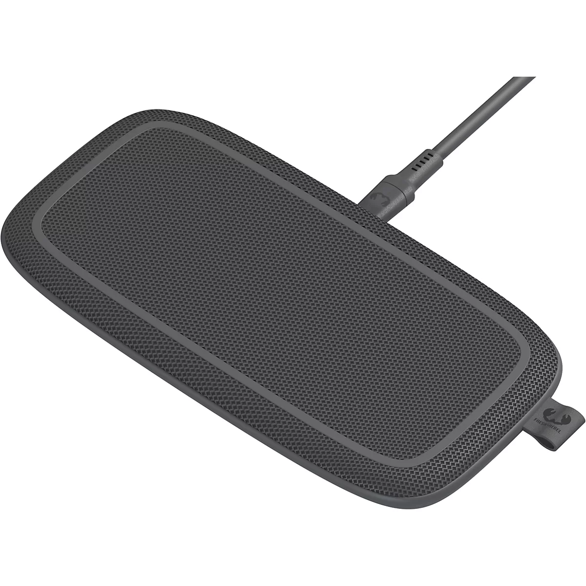 Chargeur sans fil, rectangulaire, gris, avec connexion d'alimentation, forme rectangulaire. Étiquette avec "FRESH REBEL".
