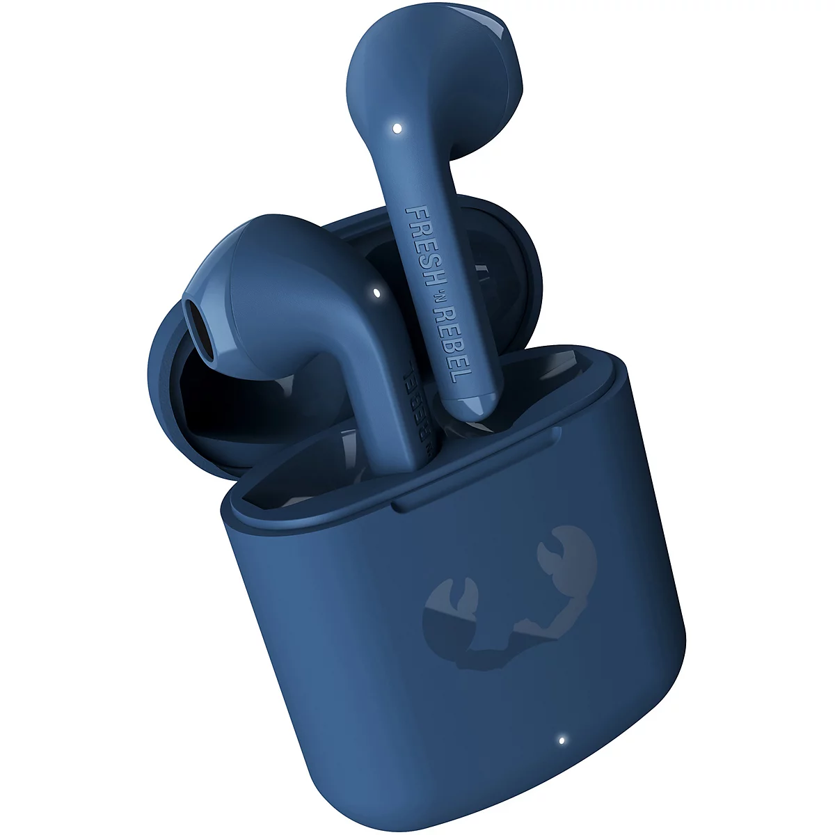 Blaues kabelloses Headset mit Ladebox. Die Kopfhörer sind aus der Box genommen.