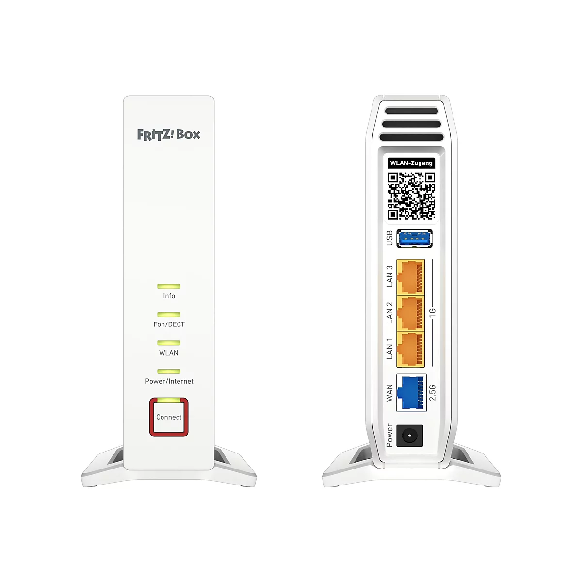 Ein weißer FRITZ!Box Router mit Anschlüssen und Anzeigen. Auf der Vorderseite leuchten Anzeigen für Info, Fon/DECT, WLAN und Power/Internet, sowie ein roter Connect-Button. Auf der Rückseite sind LAN-, USB- und WAN-Anschlüsse zu sehen.