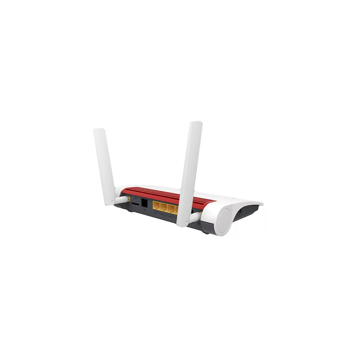 Ein weiß-roter Router mit zwei weißen Antennen, seitlich betrachtet. Auf der Rückseite gelbe Anschlüsse.