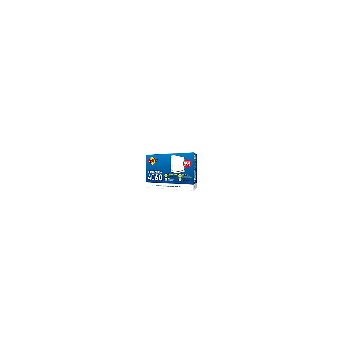 Blauer Produktkarton der FRITZ!Box 4060 mit abgebildetem Router, Wi-Fi 6 und Gigabit-WAN Logos.