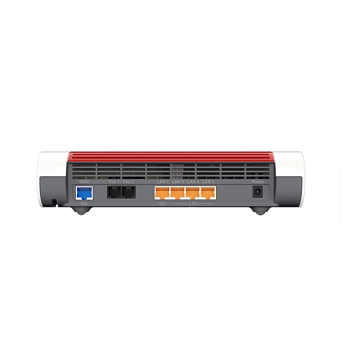 Rückseite eines FRITZ!Box Routers mit WAN-, Telefon-, LAN- und Stromanschlüssen.