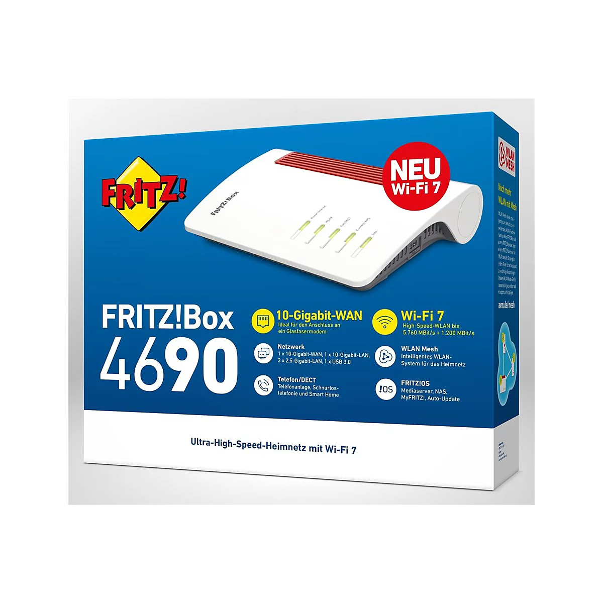 Produktverpackung der FRITZ!Box 4690 mit WLAN-Router, Features wie Wi-Fi 7 und 10-Gigabit-WAN auf blauem Hintergrund.